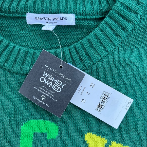 Woman Owned Grayson Threads Green Crew Neck Sweater with “Lucky” Design - Picture 3 of 8